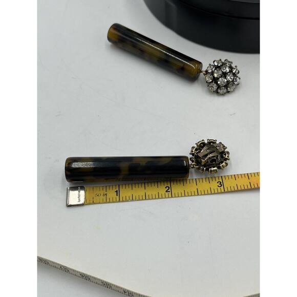 Tortoise Color Acetate Cylinder Earring, Crystal Round Modern Clip On Jewelry - Picture 8 of 13